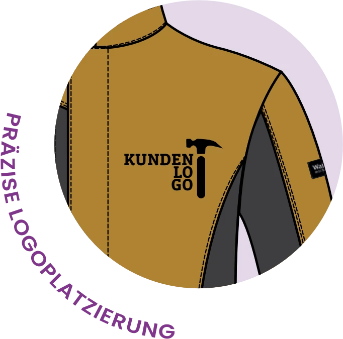 Illustrierte Arbeitsjacke in Ocker mit Kundenlogo auf der Brust – präzise Logoplatzierung