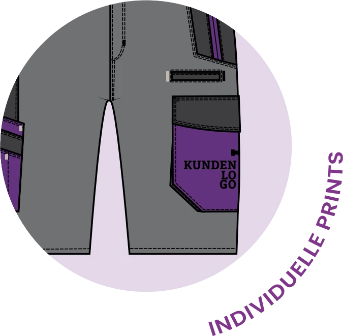 Illustrierte Arbeitsshorts mit violetten Taschen – individuelle Prints